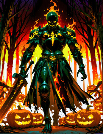 Illustration of a spooky halloween monster with pumpkinsの素材