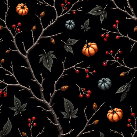 Seamless pattern with pumpkins and berries on black background.の素材