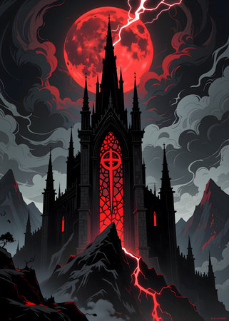 Halloween background with castle and red moon illustrationの素材