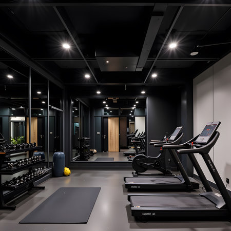 Interior of a modern fitness hall with equipment. 3d renderingの素材