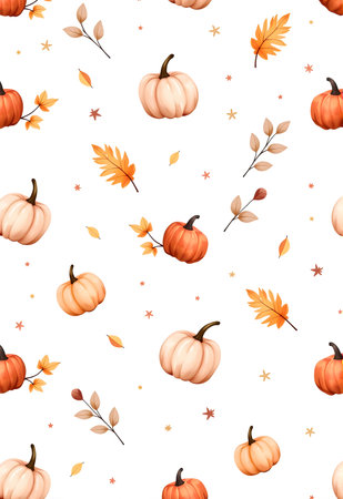 Seamless pattern with pumpkins and autumn leaves on white backgroundの素材