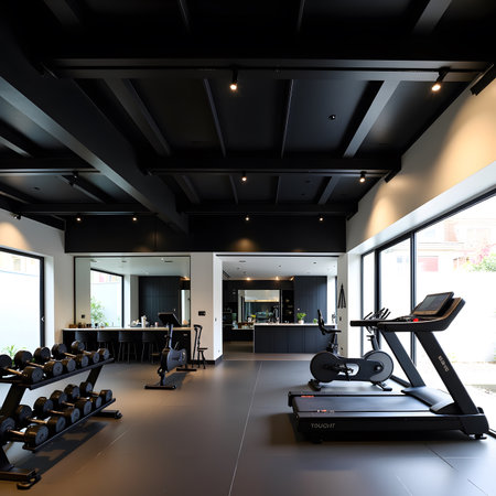 Interior of a modern fitness hall with treadmills.の素材