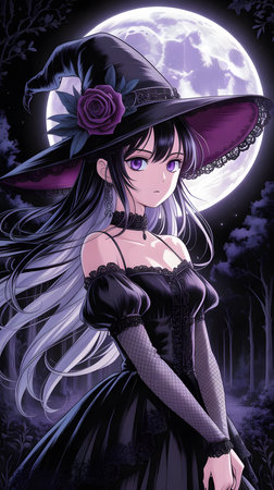 Illustration of a beautiful witch in a dark forest with full moonの素材