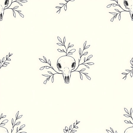 Seamless pattern with skull and branches. Hand drawn illustration.の素材