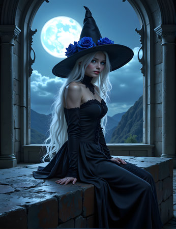 Beautiful witch sitting on the stairs at night with full moon in the backgroundの素材