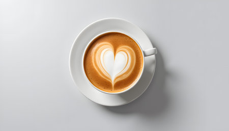Cup of cappuccino with heart shape on white backgroundの素材