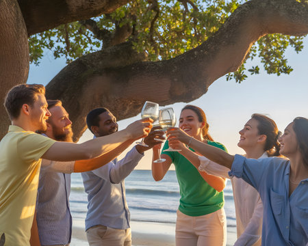 Group of friends toasting with glasses of wine on the beach.の素材