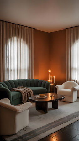 Interior of a living room with a sofa and a coffee tableの素材