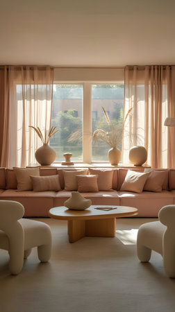 Interior of a modern living room with beige sofa and tableの素材