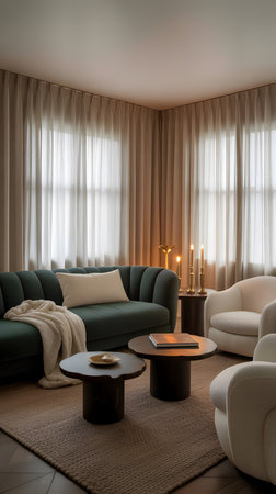 Luxury living room interior with green sofa, coffee table and candles.の素材
