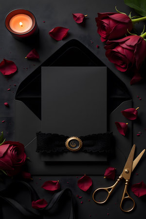 Wedding invitation or greeting card mockup with black envelope, rose petals, scissors and candle on black backgroundの素材