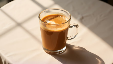 Coffee in a glass cup on a white table in sunlightの素材