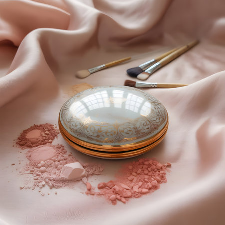 Makeup brushes and cosmetic powder on pink silk background, closeupの素材