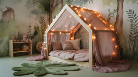 Cute children's room with a tent made of light bulbs.の素材