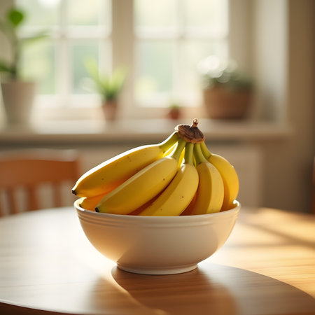 Bunch of bananas in a white bowl on a wooden table.の素材
