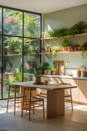 interior of modern house, kitchen and dining room with window viewの素材