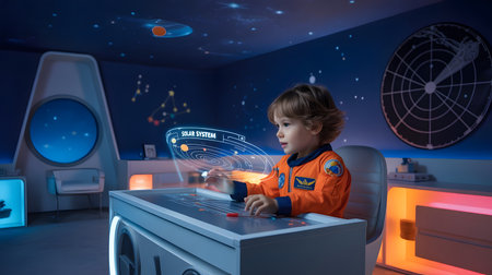 Cute boy in astronaut costume playing space game.の素材