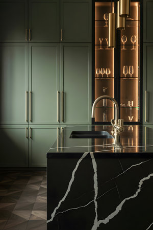 Modern luxury kitchen with marble countertop and sink.の素材