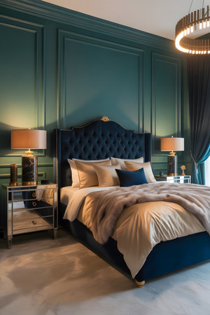 luxury bedroom in classic style with blue walls, carpet and classic bedside tableの素材