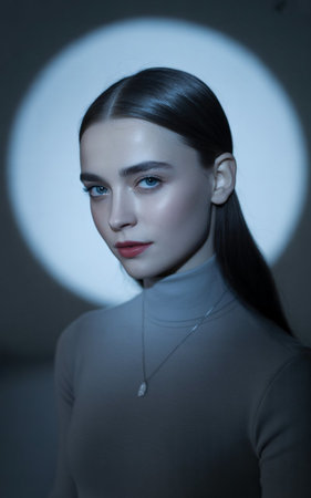 Portrait of a beautiful young woman in a dark room. Beauty, fashion.の素材