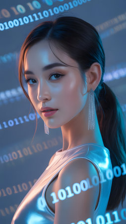 Beautiful asian woman with digital binary code.の素材