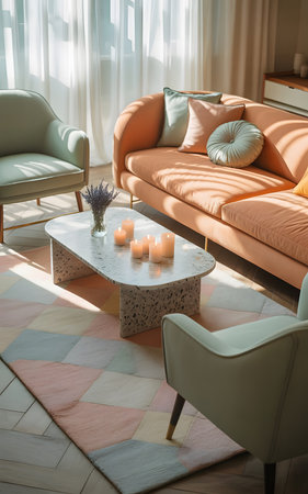 modern living room with orange sofa and coffee table, interior design conceptの素材