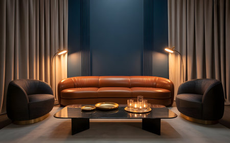 Interior of modern living room with brown leather sofa and two armchairsの素材