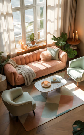 Cozy living room interior with sofa, coffee table and armchairの素材