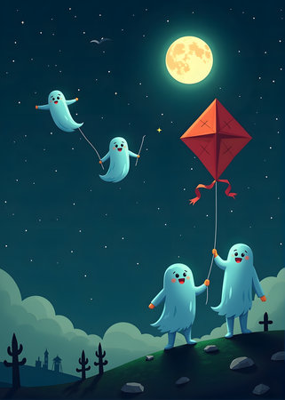 Cute cartoon ghosts flying with kite on the hill at nightの素材