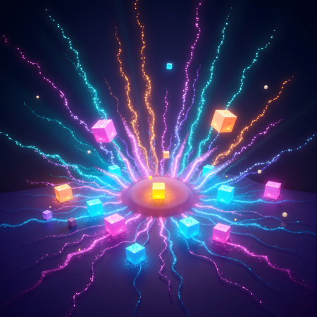 3d render, abstract background with neon glowing cubes and rays.の素材