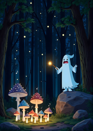 Illustration of a scary mushroom forest with a ghost holding a magic wandの素材