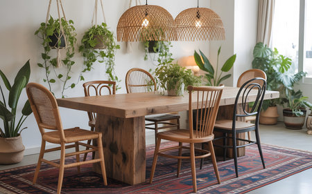 Dining table chairs surround wooden table with hanging plants and decorative lights in bright roomの素材