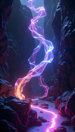 Fractal 3D Illustration of a Glowing Light Trail in a Dark Caveの素材