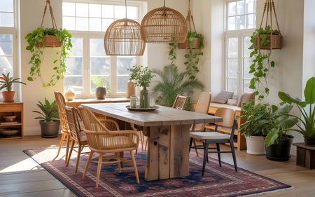 Dining room interior with wooden table, chairs and plants in potsの素材