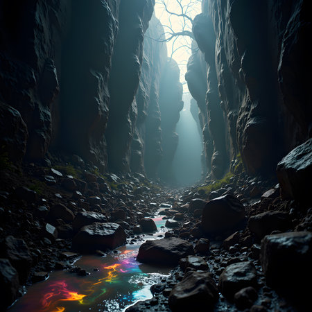 Fantasy landscape with a dark river in the mountains.の素材