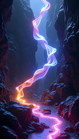 3D Illustration of Colorful Light Trail in a Dark Caveの素材