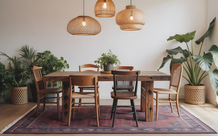 Dining table setting displays wood chairs and hanging lamps with potted plants on a rug in the dining roomの素材