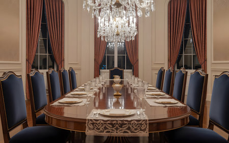 Interior of a conference room with wooden table and chairs in luxury hotelの素材