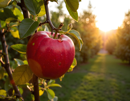 Red apple tree displays fruit and leaves in the orchard with sunlight shining through the branchesの素材