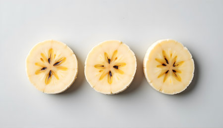 Banana slices isolated on white background. Top view, flat layの素材