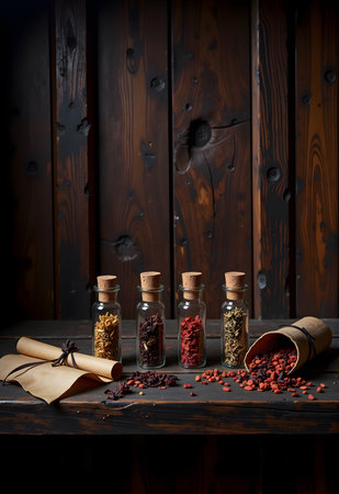 Various spices in glass bottles on a dark wooden background. Selective focus.の素材