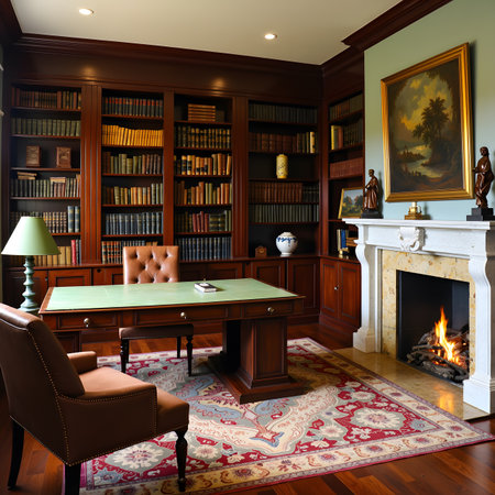 Luxury library interior with bookshelves and fireplace.の素材