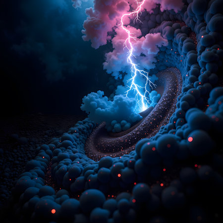 3d illustration of lightning in the night sky with stormy cloudsの素材