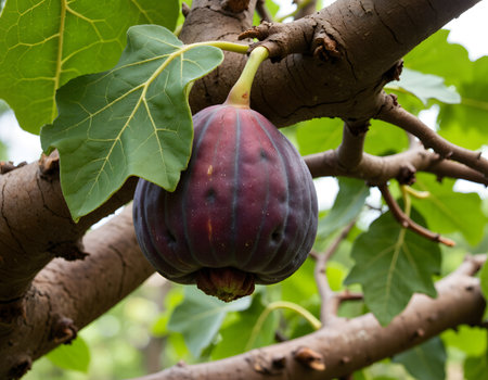 Ripe fruit hanging shows fig tree and green leaves while growing on a brown branch in natureの素材