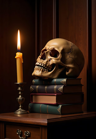 Skull on a stack of books with a lit candle in the backgroundの素材