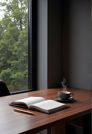 coffee cup and notebook on wooden table in front of window at homeの素材