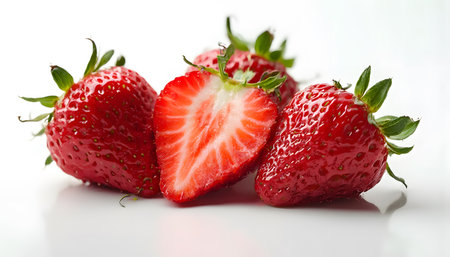 Red strawberries fresh fruit includes cut strawberry and green leaves with white backgroundの素材