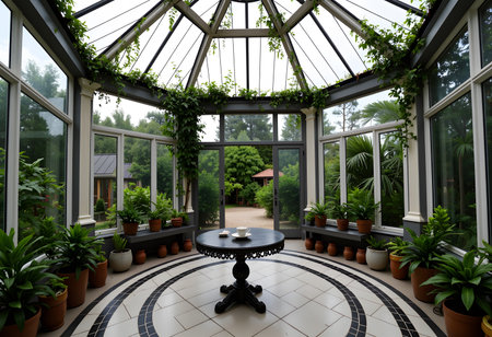 Interior of a greenhouse with green plants and round table in the gardenの素材