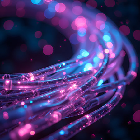 3d illustration of abstract technology fiber optic background with bokeh lightsの素材
