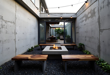Concrete walls outdoor area features fire pit and black gravel with wooden benches and open glass doorsの素材